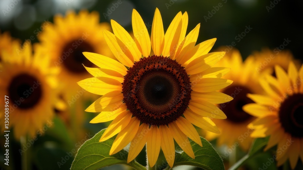 A close-up of a vibrant sunflower with a dark center, surrounded by other sunflowers in the background. A close-up of a vibrant sunflower with a dark center, surrounded by other sunflowers in the background.