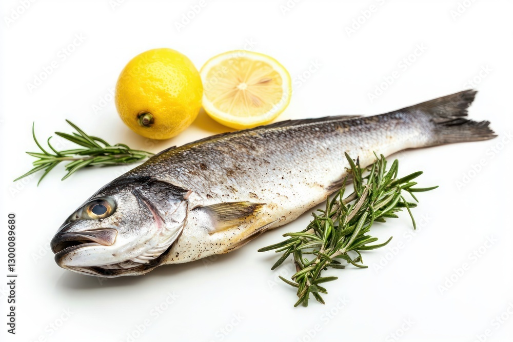 Fresh Sea Bass Fish with Lemon and Rosemary Enhancing Culinary Appeal on White Background Fresh Sea Bass Fish with Lemon and Rosemary Enhancing Culinary Appeal on White Background