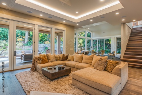 Inviting Living Room Interior with Plush Sectional Sofa Cozy Rug and Natural Light from Large Windows