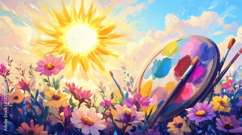 A vibrant painting of flowers with palette and brushes under sun