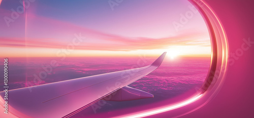 Wallpaper Mural Stunning Airplane Window View – Fluffy White Clouds, Radiant Sunrise or Sunset, and Airplane Wing Soaring Towards the Horizon, Evoking a Sense of Freedom and Adventure Torontodigital.ca