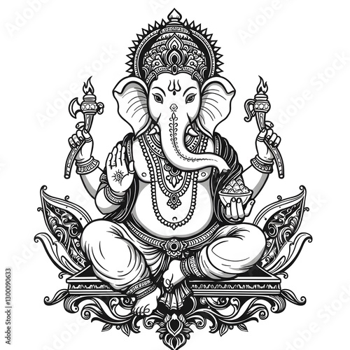 Intricate Line Art of Lord Ganesha, Hindu Deity, Black and White Illustration, Detailed Ornamentation, Elephant God, Spiritual Art, Religious Symbolism, Indian Mythology