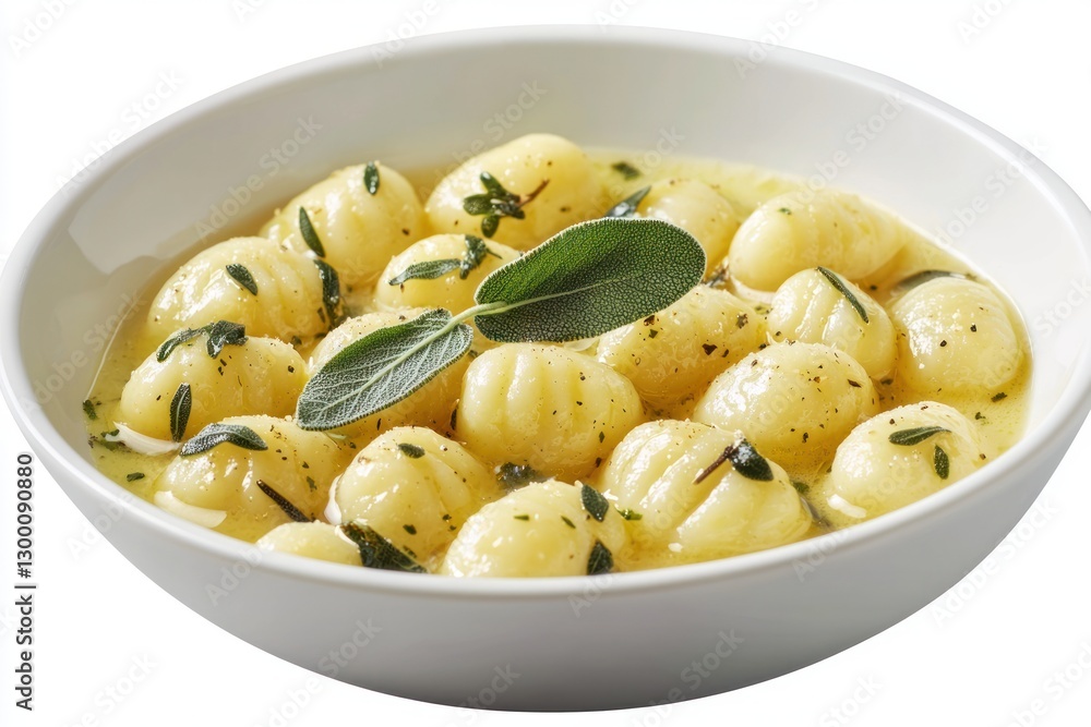 Bowl of Freshly Prepared Gnocchi with Sage Butter Sauce in White Bowl a Delightful Italian Meal Bowl of Freshly Prepared Gnocchi with Sage Butter Sauce in White Bowl a Delightful Italian Meal