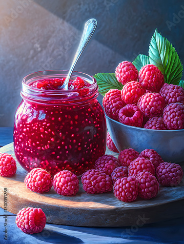 Raspberry jam jar, spoon, raspberries