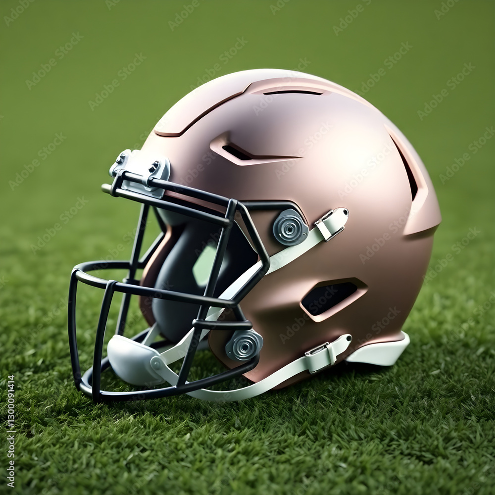 Fototapeta premium Rose gold football helmet resting on lush green turf