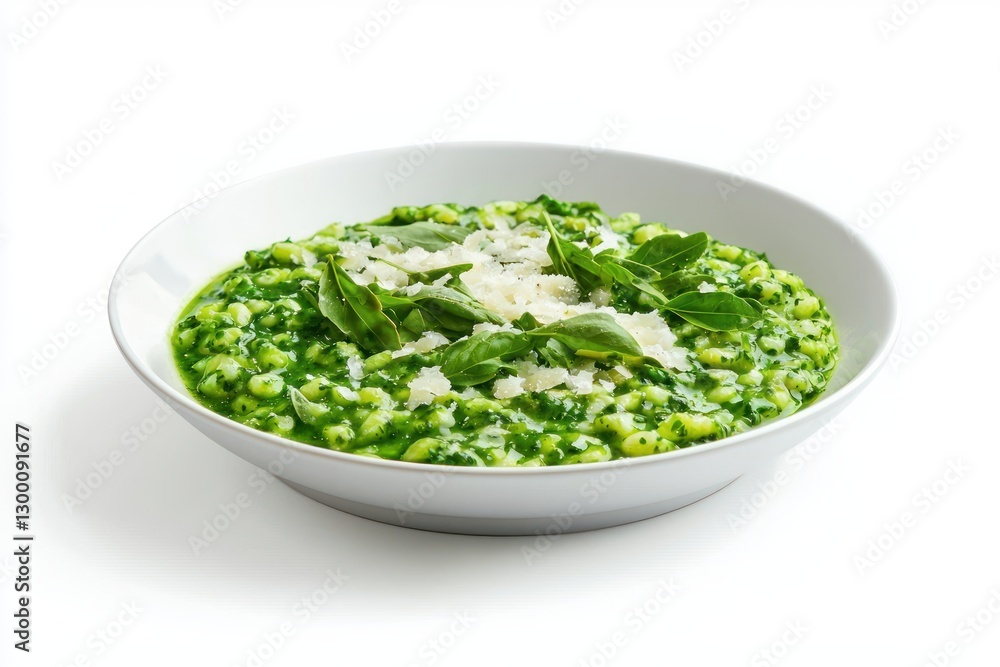 Delicious green gnocchi with basil leaves and Parmesan cheese in a white bowl on a white background studio shot Delicious green gnocchi with basil leaves and Parmesan cheese in a white bowl on a white background studio shot