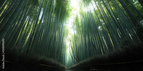 Serene Bamboo Forest in Kyoto, Japan Under Soft Light with Lush Greenery and Realistic Details