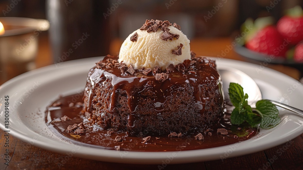 A small, round chocolate lava cake with vanilla ice cream on top, drizzled in fudge sauce and melting into the center of its white plate A small, round chocolate lava cake with vanilla ice cream on top, drizzled in fudge sauce and melting into the center of its white plate
