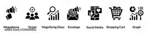 Marketing glyph icon set. Megaphone, Target, Magnifying Glass, Envelope, Social Media, Shopping Cart, graph