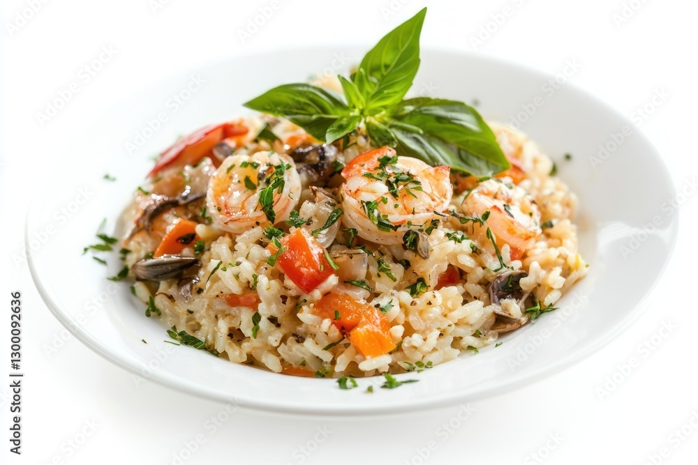 Delicious shrimp risotto with tomato and mushroom garnished with fresh basil on a white background Delicious shrimp risotto with tomato and mushroom garnished with fresh basil on a white background
