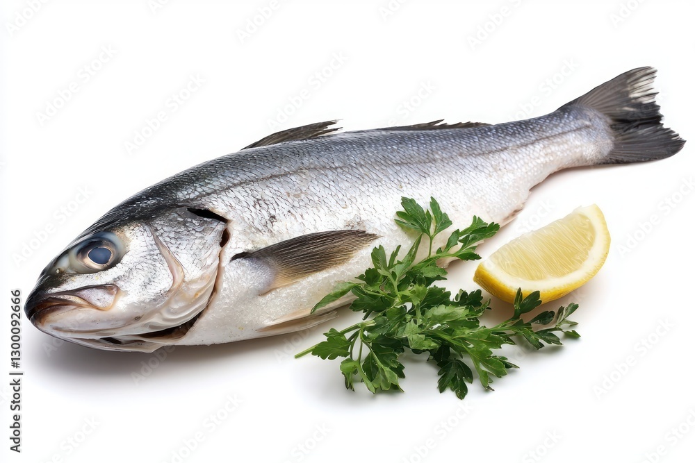 Fresh seabass fish served with lemon slice and parsley sprigs on white background ready to be cooked Fresh seabass fish served with lemon slice and parsley sprigs on white background ready to be cooked