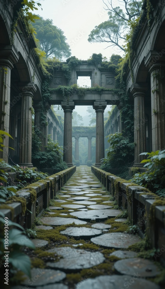 Fototapeta premium Overgrown Ancient Ruins Pathway Stone Walkway Lush Greenery Misty Atmosphere Tranquil Scene