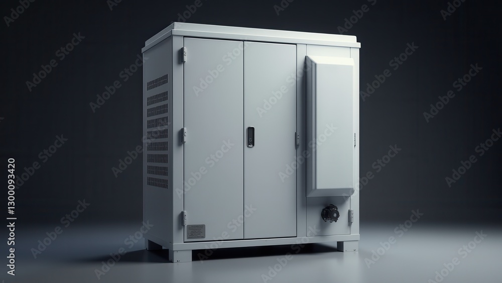 A transformer box with a sleek, modern design, featuring multiple doors and ventilation slots. A transformer box with a sleek, modern design, featuring multiple doors and ventilation slots.