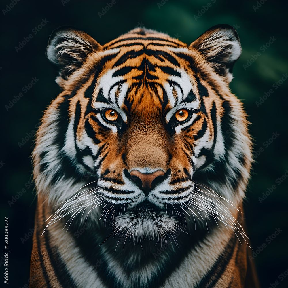 Fototapeta premium A powerful and intense portrait of a tiger staring straight ahead in a jungle setting.