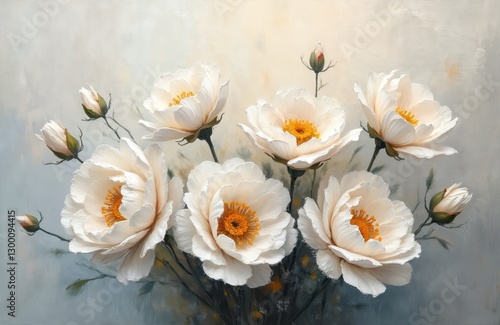 Fototapeta Naklejka Na Ścianę i Meble -  Oil painting of white peony flowers. Acrylic paint texture on canvas. Beige background. Floral arrangement of roses buds. Brush strokes mix colors on art decor with nature elements.