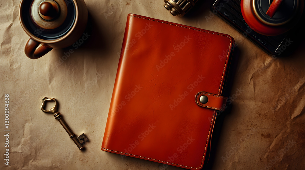 Naklejka premium Leather notebook, brass key, and tea mug resting on brown paper