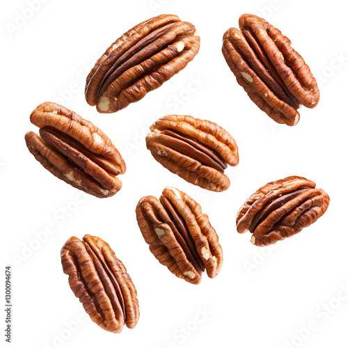 A collection of pecan nuts floating against a white background, arranged in a dynamic composition.