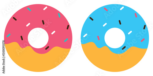 Donut icon. Set of colorful donuts with different colored icing and sprinkles. Vector illustration.