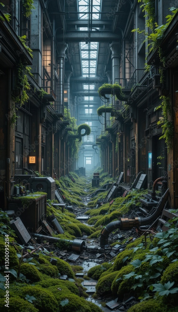 Overgrown Industrial Corridor Nature Reclaims Abandoned Factory Building Lush Greenery Moss Plants Overgrown Industrial Corridor Nature Reclaims Abandoned Factory Building Lush Greenery Moss Plants