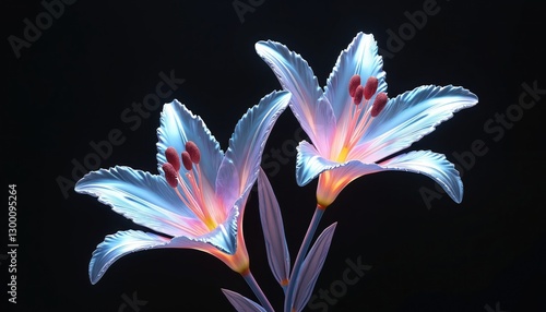 Chrome liquid metal lily flower on black background. 3D render, modern design. Holographic futuristic floral bloom. Metallic cyber surreal blossom with neon light for vintage design projects. photo