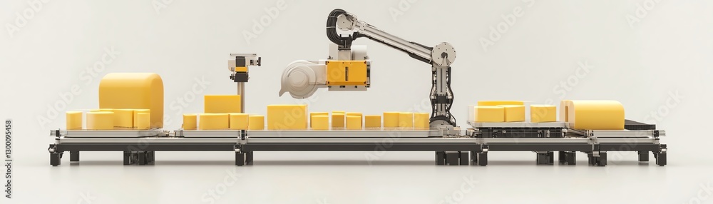 Robot arm working with yellow packages on a conveyor belt, white isolate background Robot arm working with yellow packages on a conveyor belt, white isolate background