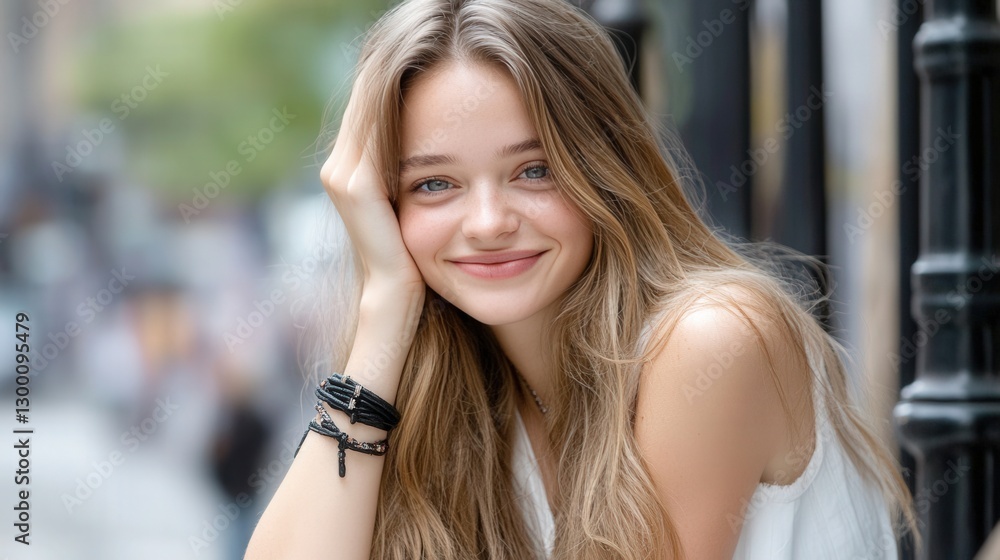 Obraz premium A young woman stands in a lively urban setting, showcasing her long hair and warm smile. She exudes joy, interacting playfully with the environment around her