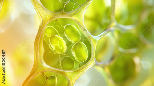Close-up of vibrant green plant cells with intricate network and sunlit background