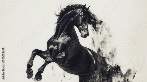 Abstract black ink painting of a horse rearing, merging art and movement in striking contrast


