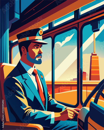 Confident Railroad Conductor in a Train Cockpit - Modern Vector Design Illustrating Transportation Themes photo