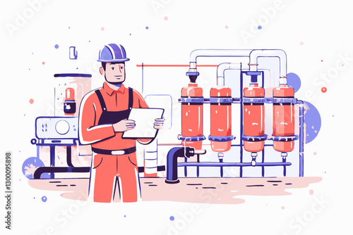 Industrial Engineer Supervising Factory Operations with Equipment in Background
