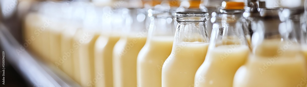 Bottles of fresh milk lined up in a store display, inviting and creamy texture. Bottles of fresh milk lined up in a store display, inviting and creamy texture.