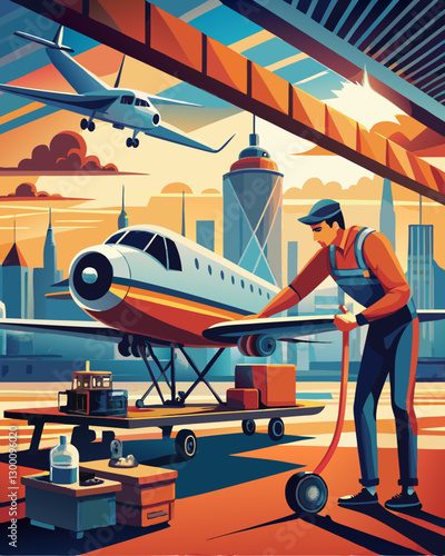 Aircraft Maintenance at Sunset: Technicians and Tools in a Vibrant Urban Airport Scene