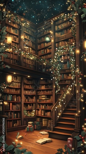 Cozy Library Decorated For Festive Holiday Celebrations With Books photo