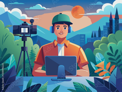 Young Photographer Streaming Outdoor Adventure from Scenic Mountain Location