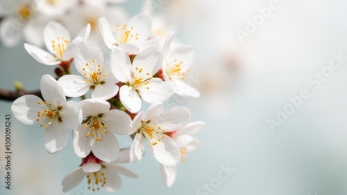 White cherry blossoms in full bloom with delicate petals and yellow stamens.