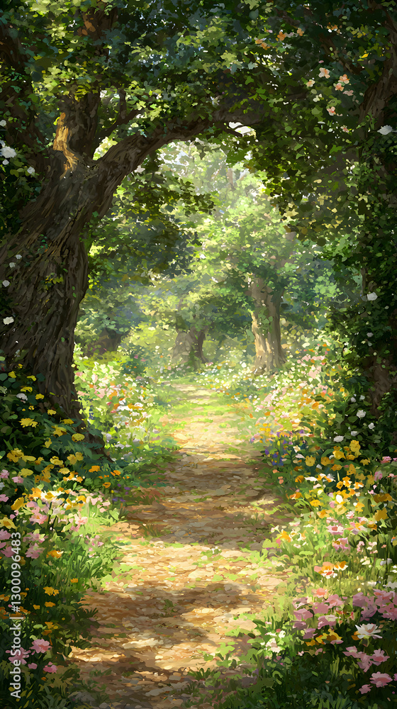 Obraz premium Sunlit Path Through a Lush Forest with Colorful Flowers