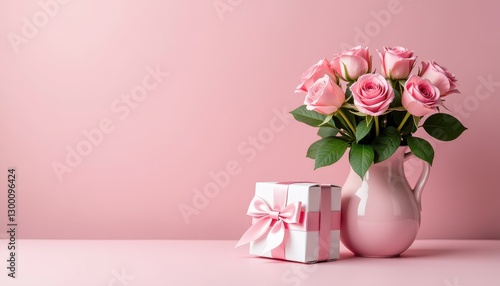 Wallpaper Mural Pink Roses in Vase with Gift Box on Pink Background Torontodigital.ca