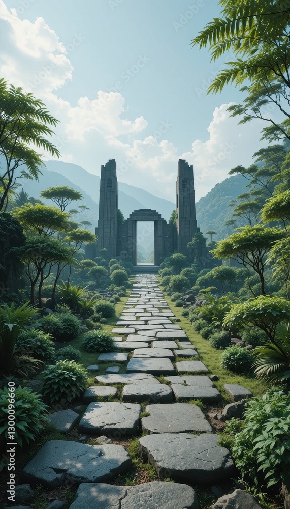 Serene Stone Path Leading to Ancient Gateway in Lush Tropical Garden Serene Stone Path Leading to Ancient Gateway in Lush Tropical Garden