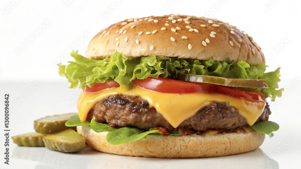 Closeup Front View Fresh Tasty Beef and Cheese Burger Isolated on White Background Closeup Front View Fresh Tasty Beef and Cheese Burger Isolated on White Background