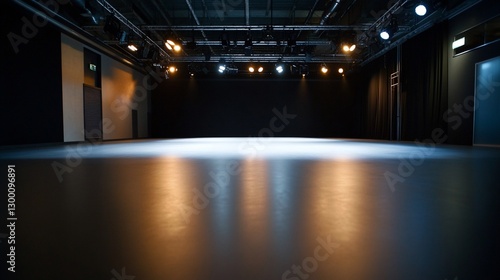 Empty Stage, Dark Theater, Spotlights Illuminate Polished Floor