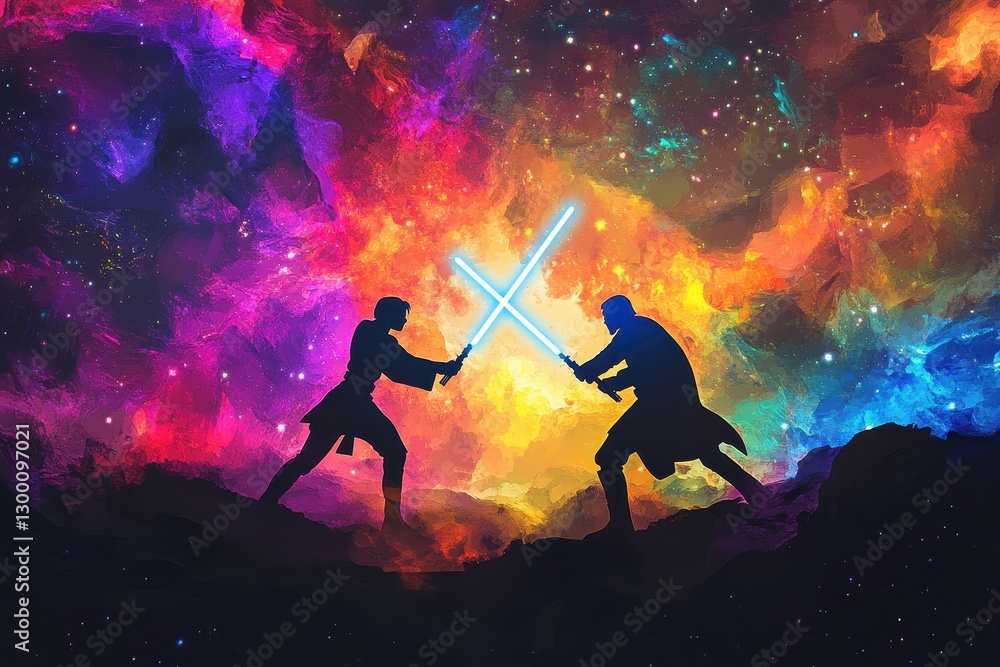 Fototapeta premium Two figures engaged in a lightsaber battle in outer space