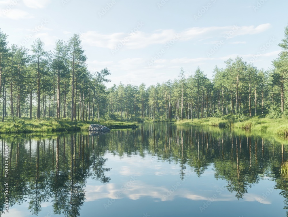 Obraz premium Serene forest reflected on tranquil lake surface under pale blue skies