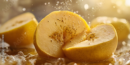 Golden Yellow Pears with Fresh Water Droplets Showcasing Their Natural Sweetness and Juicy Texture in a Stunning Macro Close-Up

