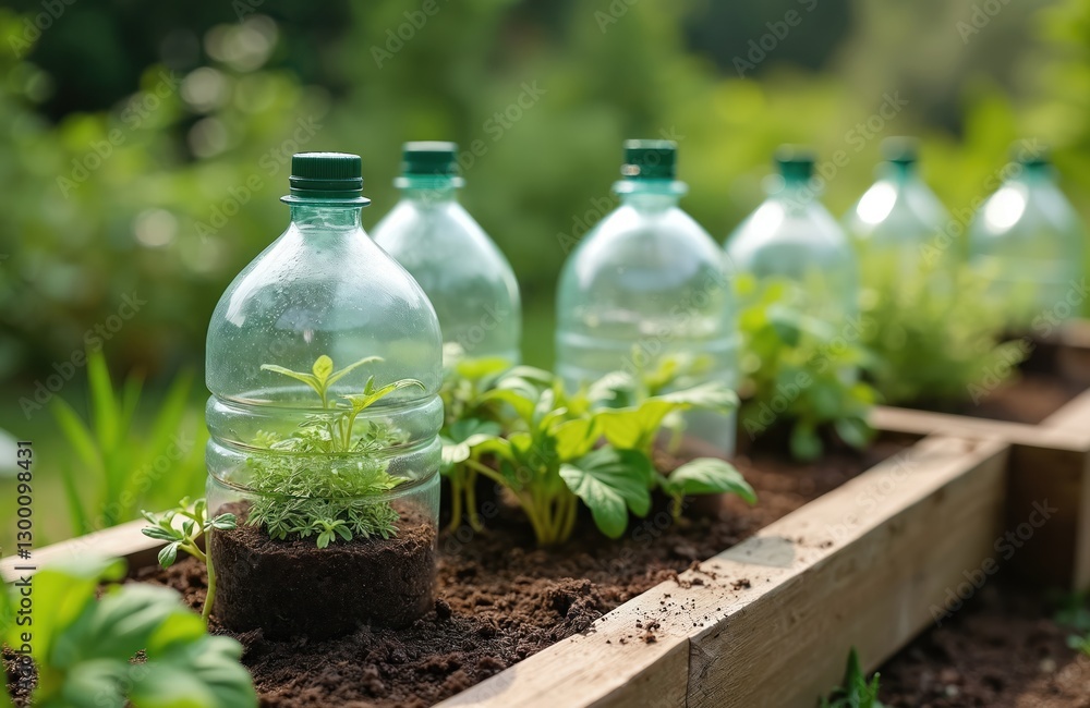 Creative garden with upcycled plastic bottles as mini DIY greenhouses. Young plants grow in wooden box. Sustainable gardening concept, eco-friendly reuse plastic water bottles for new life. Creative garden with upcycled plastic bottles as mini DIY greenhouses. Young plants grow in wooden box. Sustainable gardening concept, eco-friendly reuse plastic water bottles for new life.