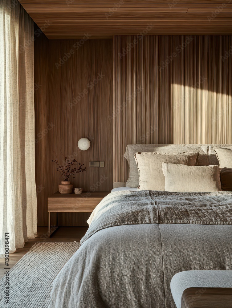 A Warm Bedroom Displays Interior Design Elements with Wooden Accents A Warm Bedroom Displays Interior Design Elements with Wooden Accents