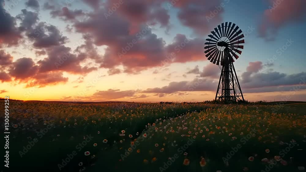 Scenic sunset view of a windmill surrounded by blooming flowers in a vibrant field Scenic sunset view of a windmill surrounded by blooming flowers in a vibrant field