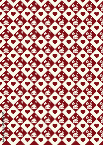 Easter Seamless pattern with hare rabbit and heart in rhombuses shape. Hand drawn cartoon illustration. For printing packaging, textiles