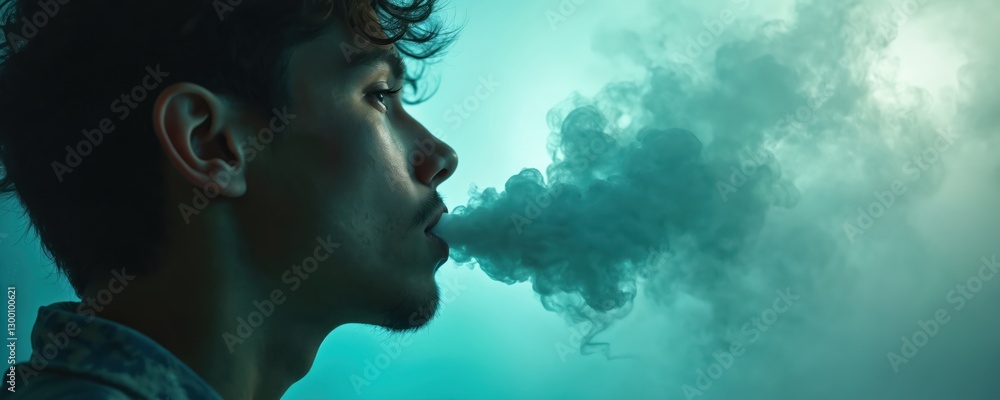 Side view of young man exhales vapor from vape device. Stylish guy smokes electronic cigarette against blue mist cloud background. Vaping culture and youth nicotine addiction issues. Side view of young man exhales vapor from vape device. Stylish guy smokes electronic cigarette against blue mist cloud background. Vaping culture and youth nicotine addiction issues.