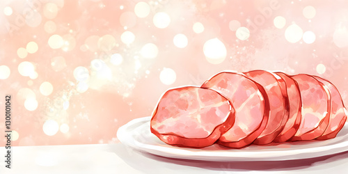  Premium Quality Thinly Sliced Ham with a Soft and Tender Texture, Perfect for Gourmet Dishes and Appetizing Food Presentations

