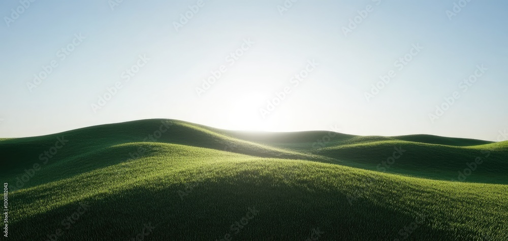 Fototapeta premium Rolling Green Pastures Bathed in Morning Sunlight Radiating Tranquility